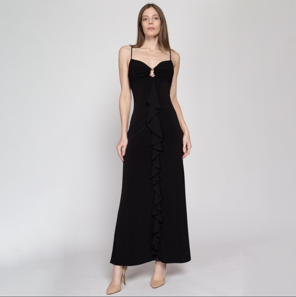 VINTAGE 90-00 JUMP Festive Maxi Women Dress Size 5-6 Black Stretch Made In USA